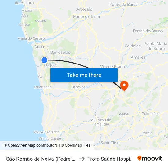São Romão de Neiva (Pedreira) to Trofa Saúde Hospital map