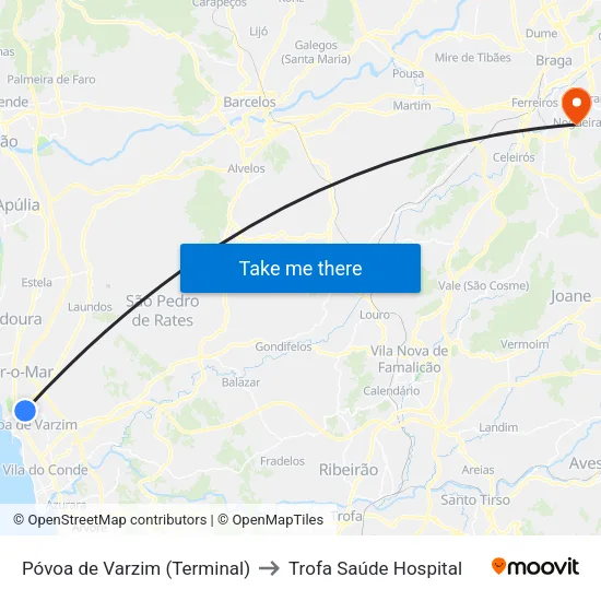 Póvoa de Varzim (Terminal) to Trofa Saúde Hospital map