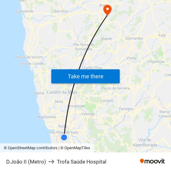 D.João II (Metro) to Trofa Saúde Hospital map