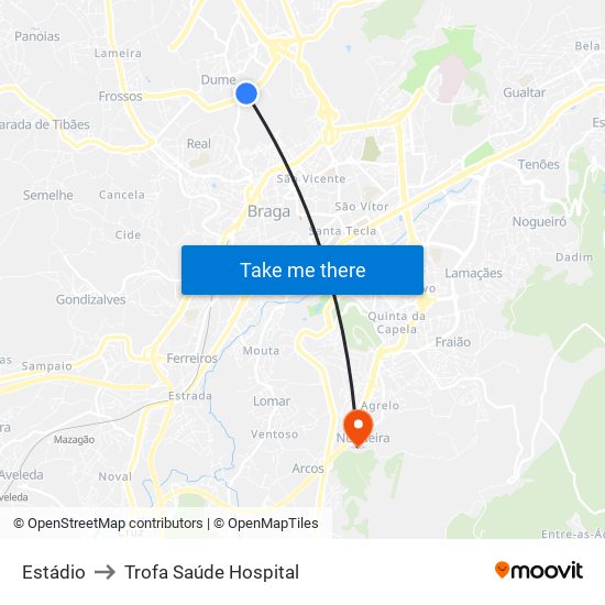 Estádio to Trofa Saúde Hospital map