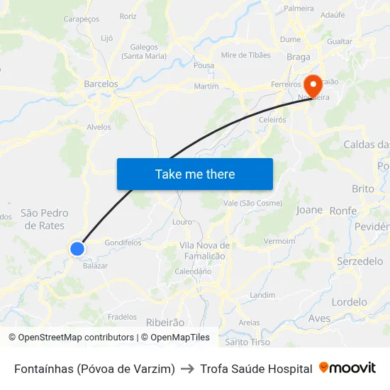 Fontaínhas (Póvoa de Varzim) to Trofa Saúde Hospital map