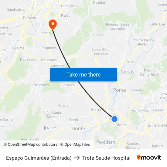Espaço Guimarães (Entrada) to Trofa Saúde Hospital map