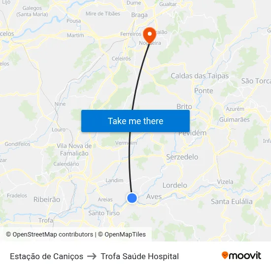 Estação de Caniços to Trofa Saúde Hospital map