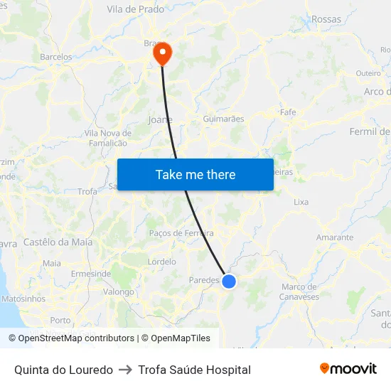 Quinta do Louredo to Trofa Saúde Hospital map