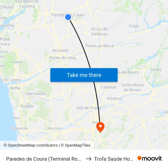 Paredes de Coura (Terminal Rodoviário) to Trofa Saúde Hospital map