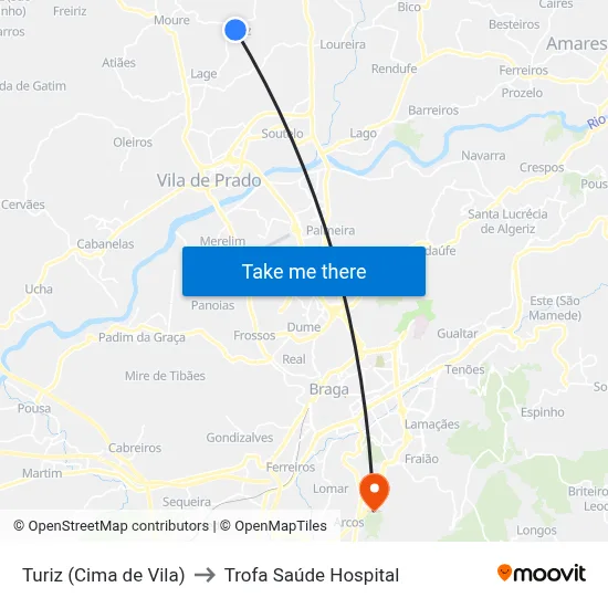 Turiz (Cima de Vila) to Trofa Saúde Hospital map