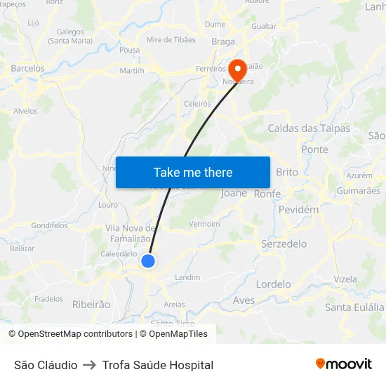 São Cláudio to Trofa Saúde Hospital map