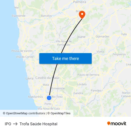 IPO to Trofa Saúde Hospital map