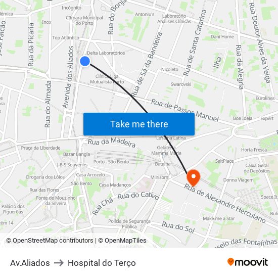 Aliados to Hospital do Terço map