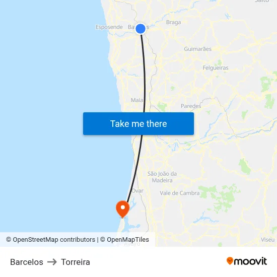 Barcelos to Torreira map
