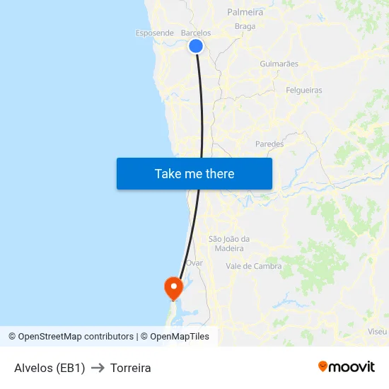 Alvelos (EB1) to Torreira map