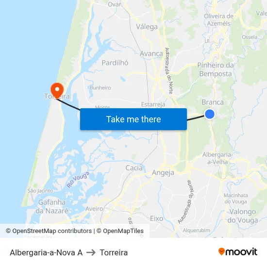 Albergaria-a-Nova A to Torreira map