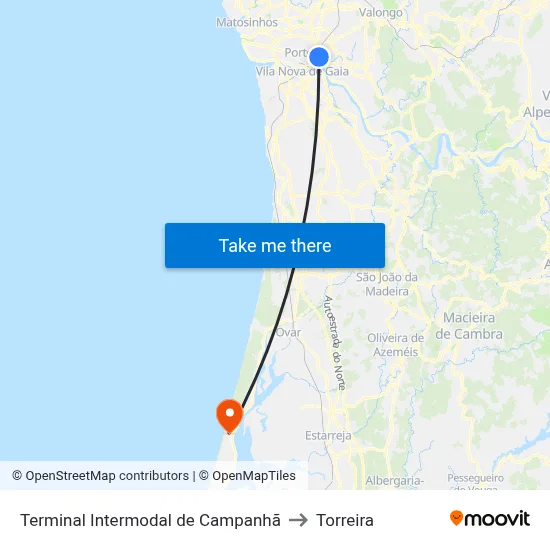 Terminal Intermodal de Campanhã to Torreira map