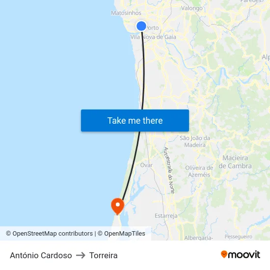 António Cardoso to Torreira map