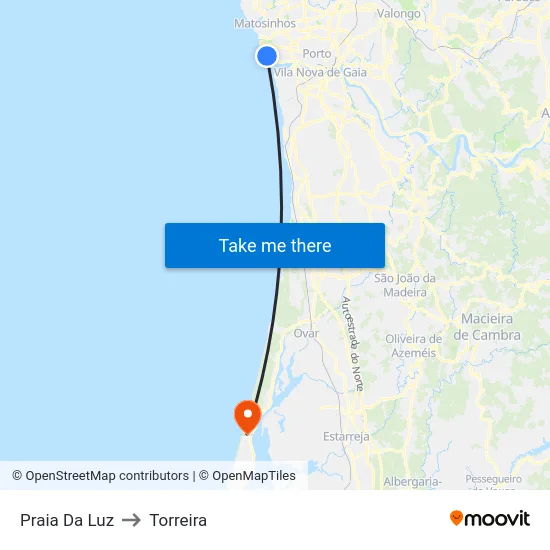 Praia Da Luz to Torreira map