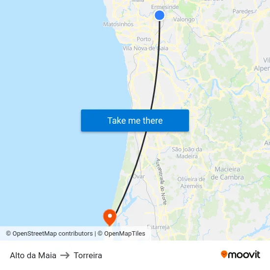 Alto da Maia to Torreira map