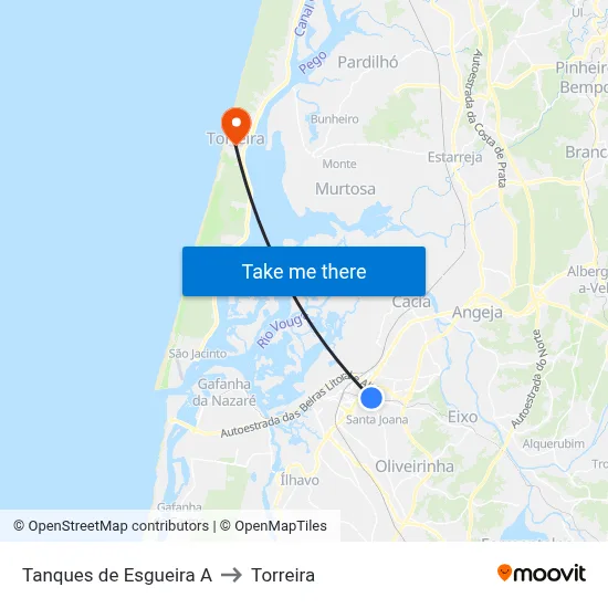 Tanques de Esgueira A to Torreira map