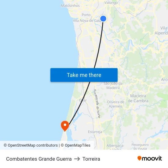 Combatentes Grande Guerra to Torreira map