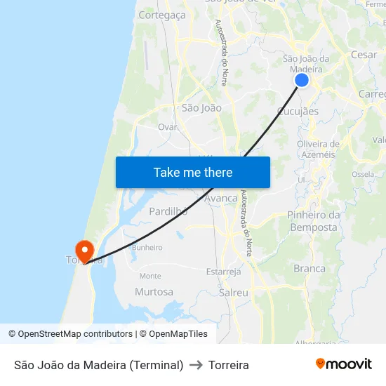 São João da Madeira (Terminal) to Torreira map