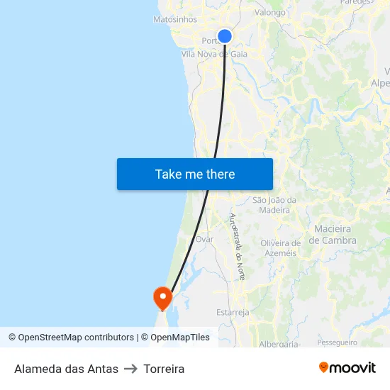 Alameda das Antas to Torreira map