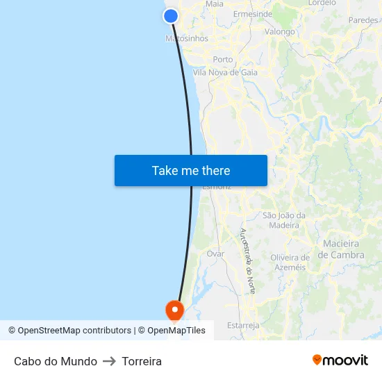 Cabo do Mundo to Torreira map