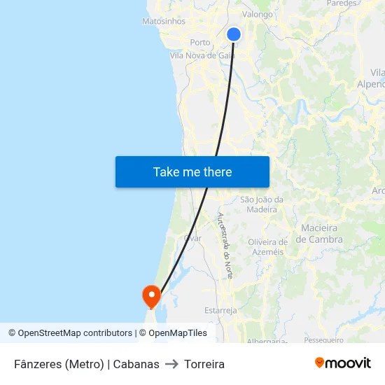 Fânzeres (Metro) | Cabanas to Torreira map