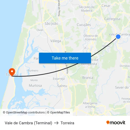 Vale de Cambra (Terminal) to Torreira map