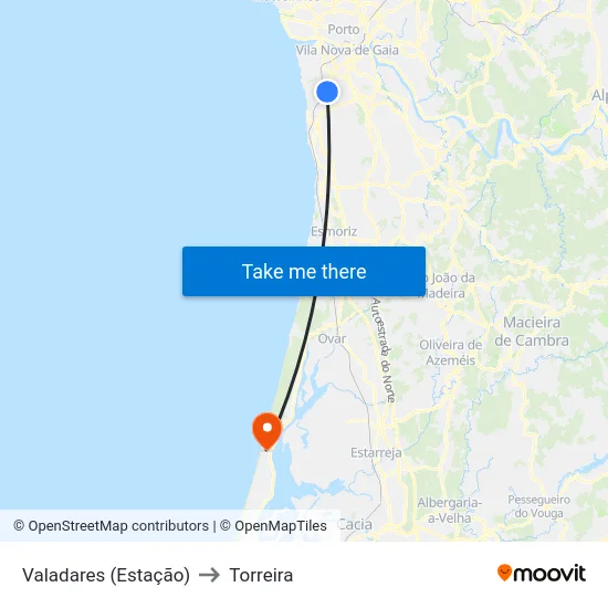 Valadares (Estação) to Torreira map