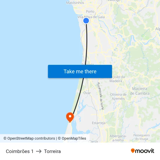 Coimbrões 1 to Torreira map