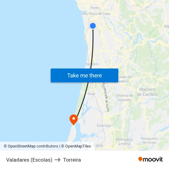 Valadares (Escolas) to Torreira map