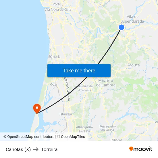 Canelas (X) to Torreira map