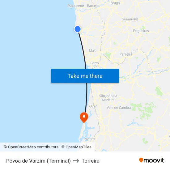 Póvoa de Varzim (Terminal) to Torreira map