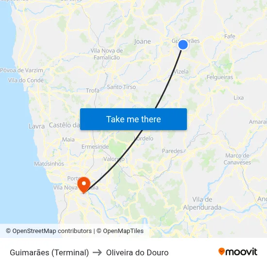 Guimarães (Terminal) to Oliveira do Douro map