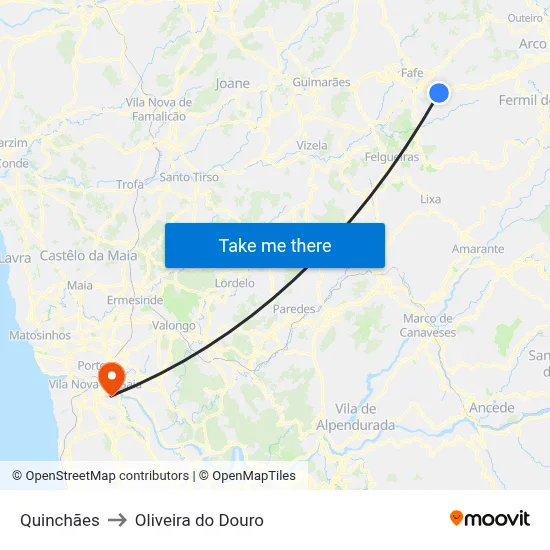 Quinchães to Oliveira do Douro map
