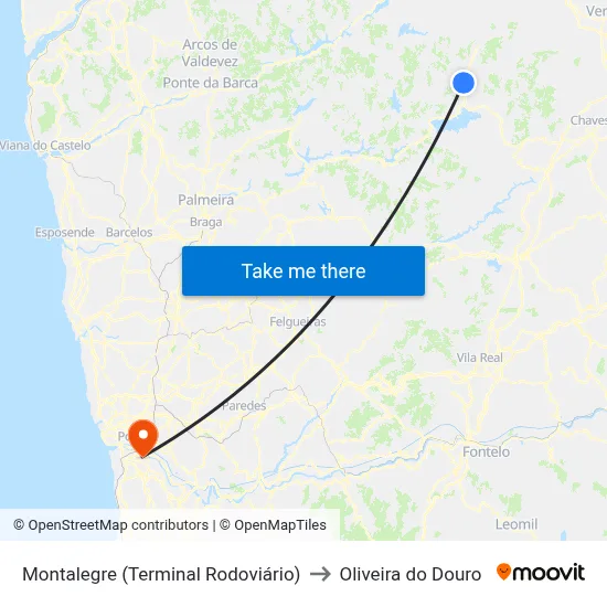 Montalegre (Terminal Rodoviário) to Oliveira do Douro map