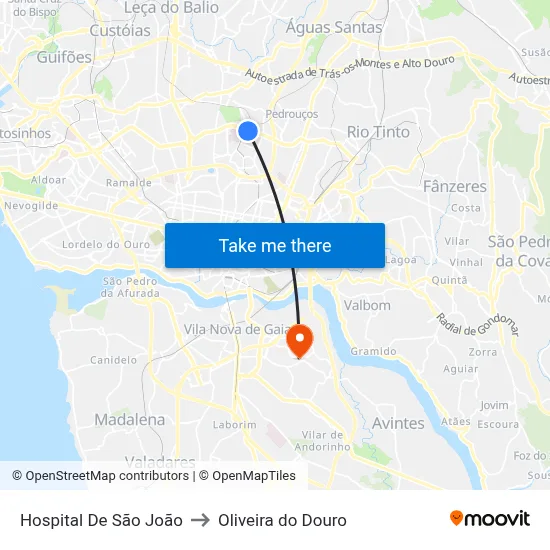 Hospital De São João to Oliveira do Douro map