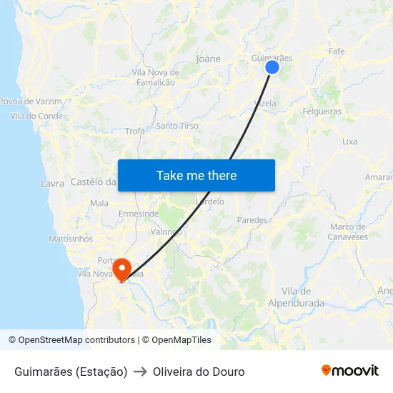 Guimarães (Estação) to Oliveira do Douro map