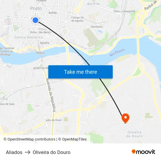 Aliados to Oliveira do Douro map