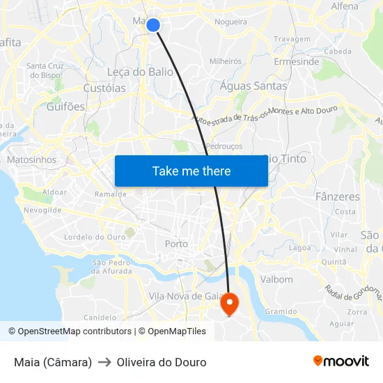 Maia (Câmara) to Oliveira do Douro map