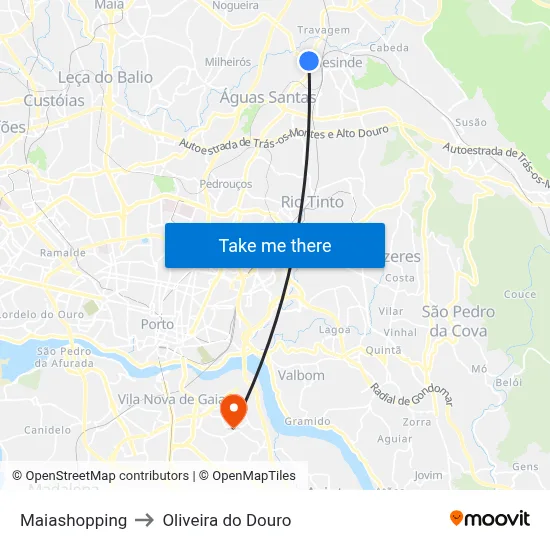 Maiashopping to Oliveira do Douro map