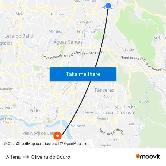 Alfena to Oliveira do Douro map