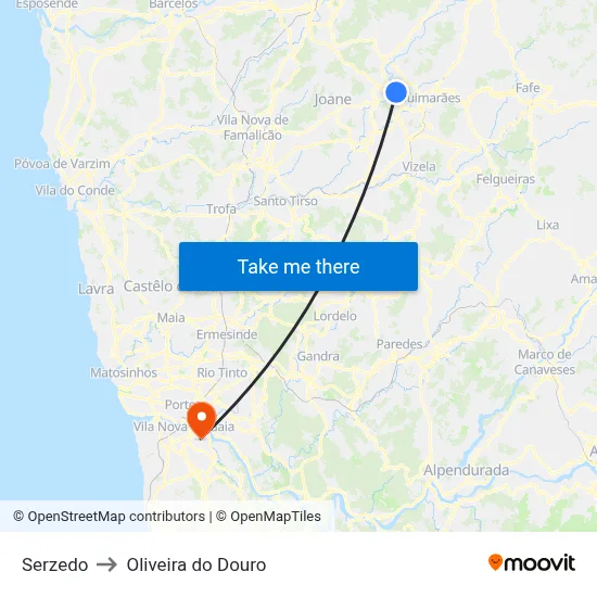 Serzedo to Oliveira do Douro map