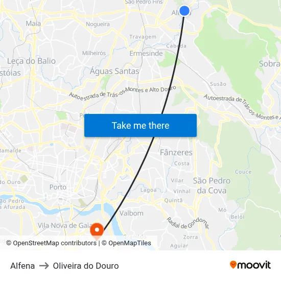 Alfena to Oliveira do Douro map