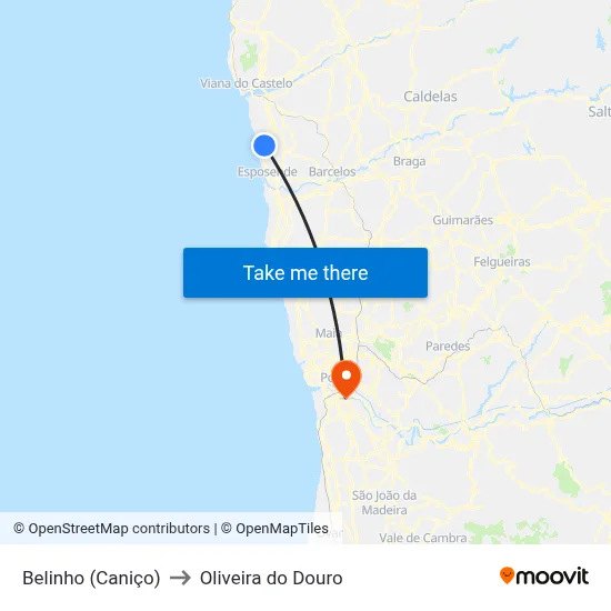 Belinho (Caniço) to Oliveira do Douro map
