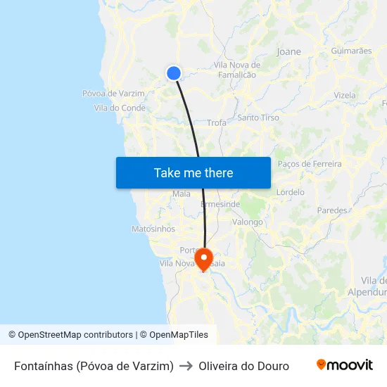 Fontaínhas (Póvoa de Varzim) to Oliveira do Douro map