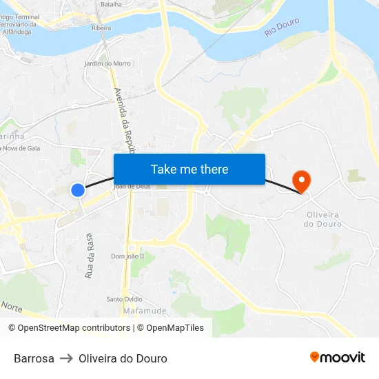 Barrosa to Oliveira do Douro map