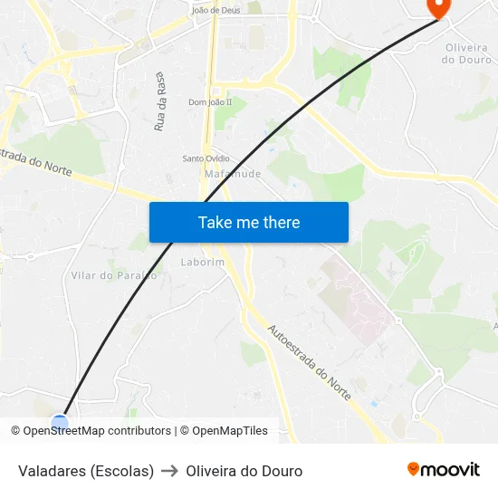 Valadares (Escolas) to Oliveira do Douro map