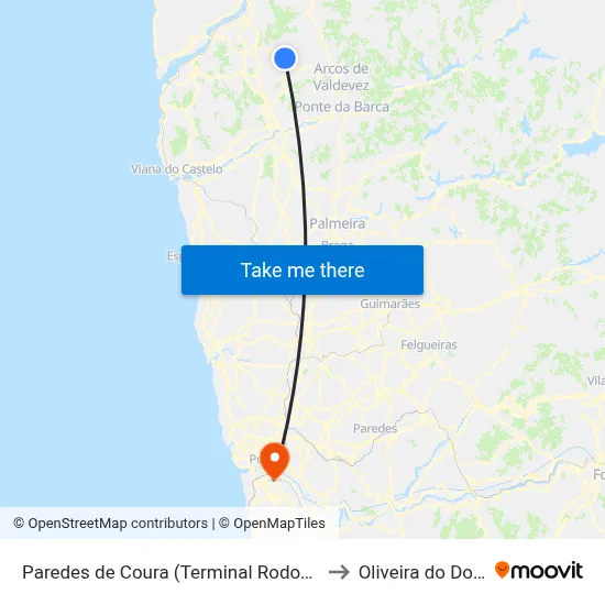 Paredes de Coura (Terminal Rodoviário) to Oliveira do Douro map