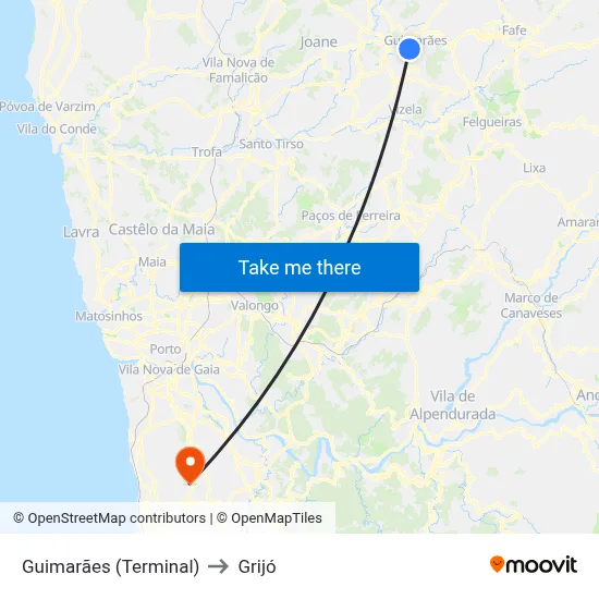 Guimarães (Terminal) to Grijó map
