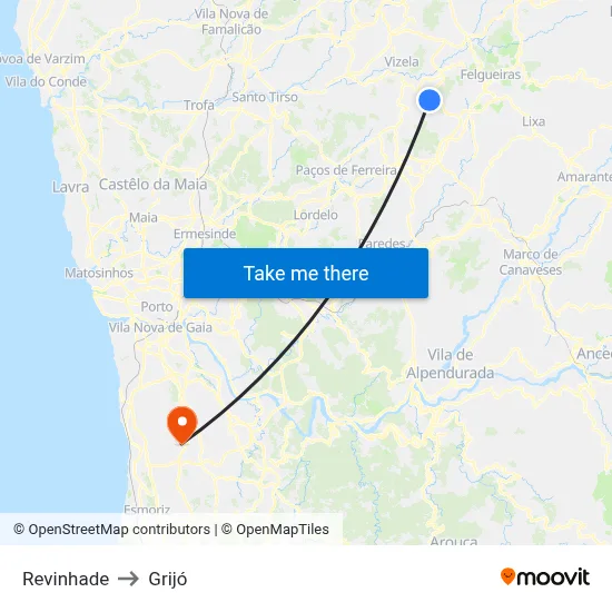 Revinhade to Grijó map